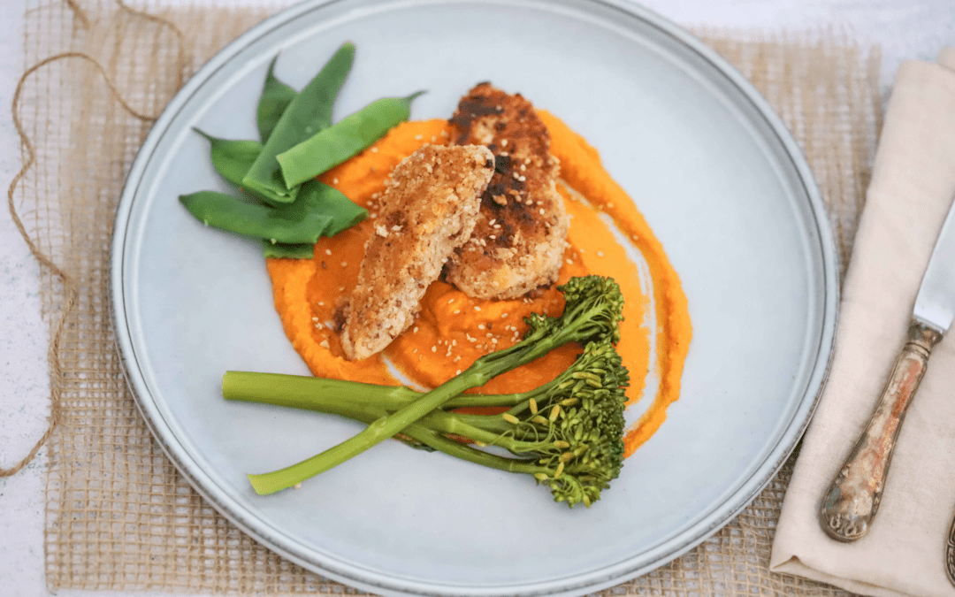 Sesame Almond Chicken with Chicken Miso Pumpkin Puree